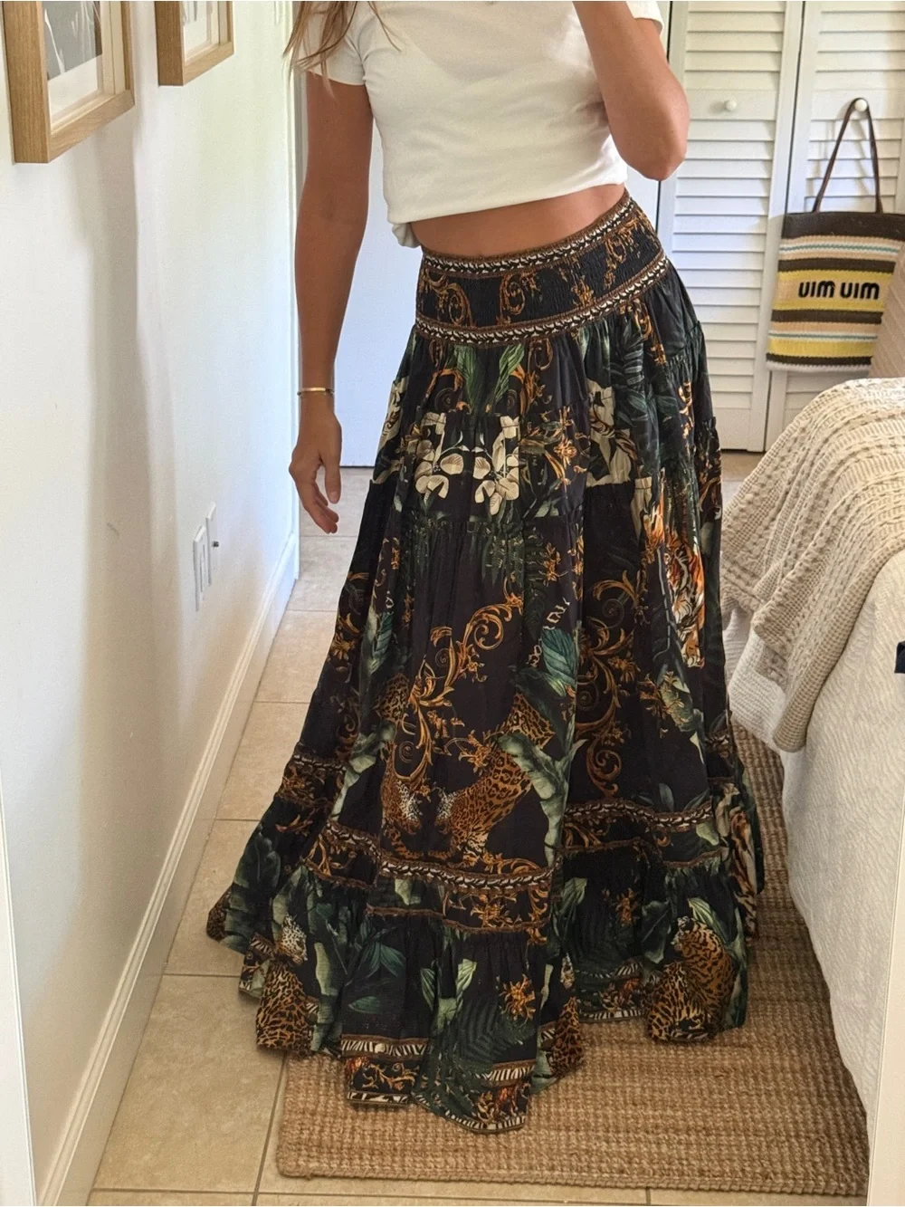 Camilla Black Maxi Skirt with Gold & Green Jungle Print